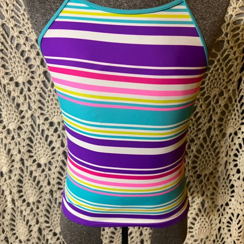 NWOT Spotted Zebra‎ Sz 12(XL) Multiple Color Stripe Cross Back Swimsuit Top C05
